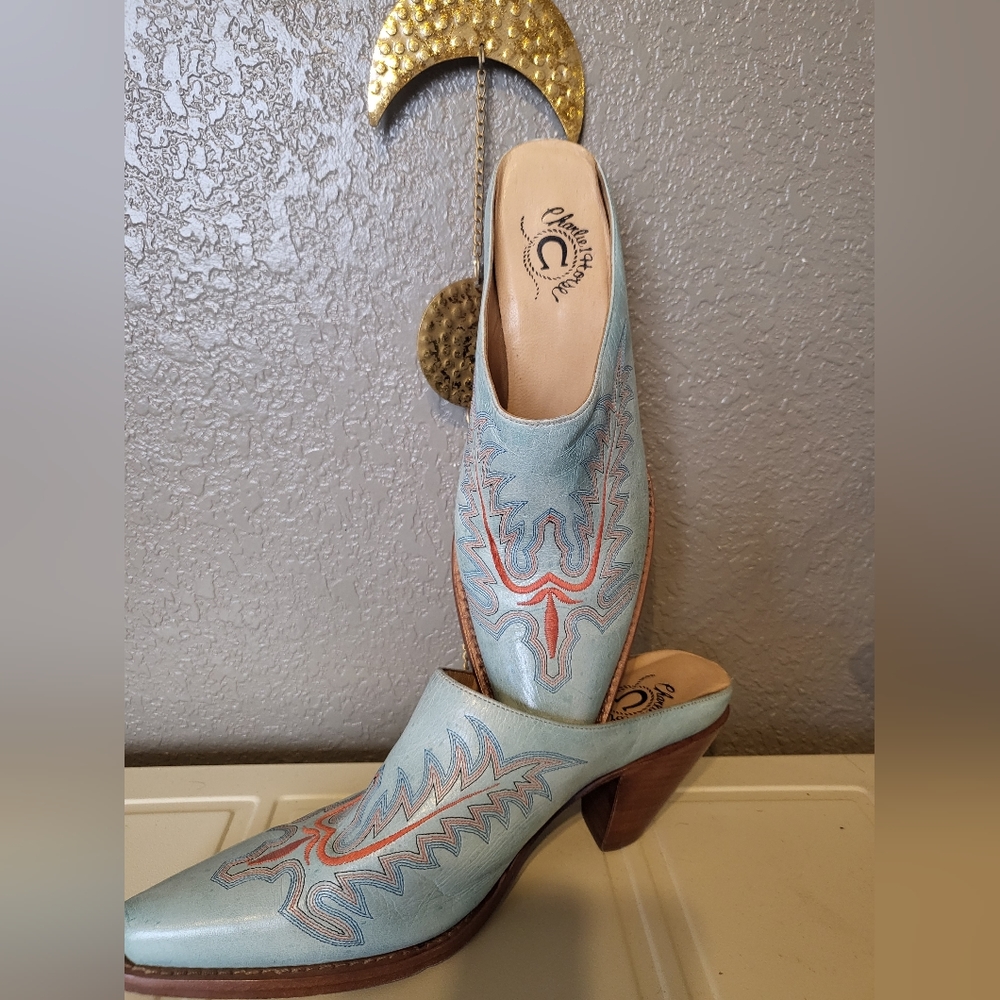 Lucchese Charlie 1 Horse Size 7B Baby Blue With Orange Stitching Western Mules.
